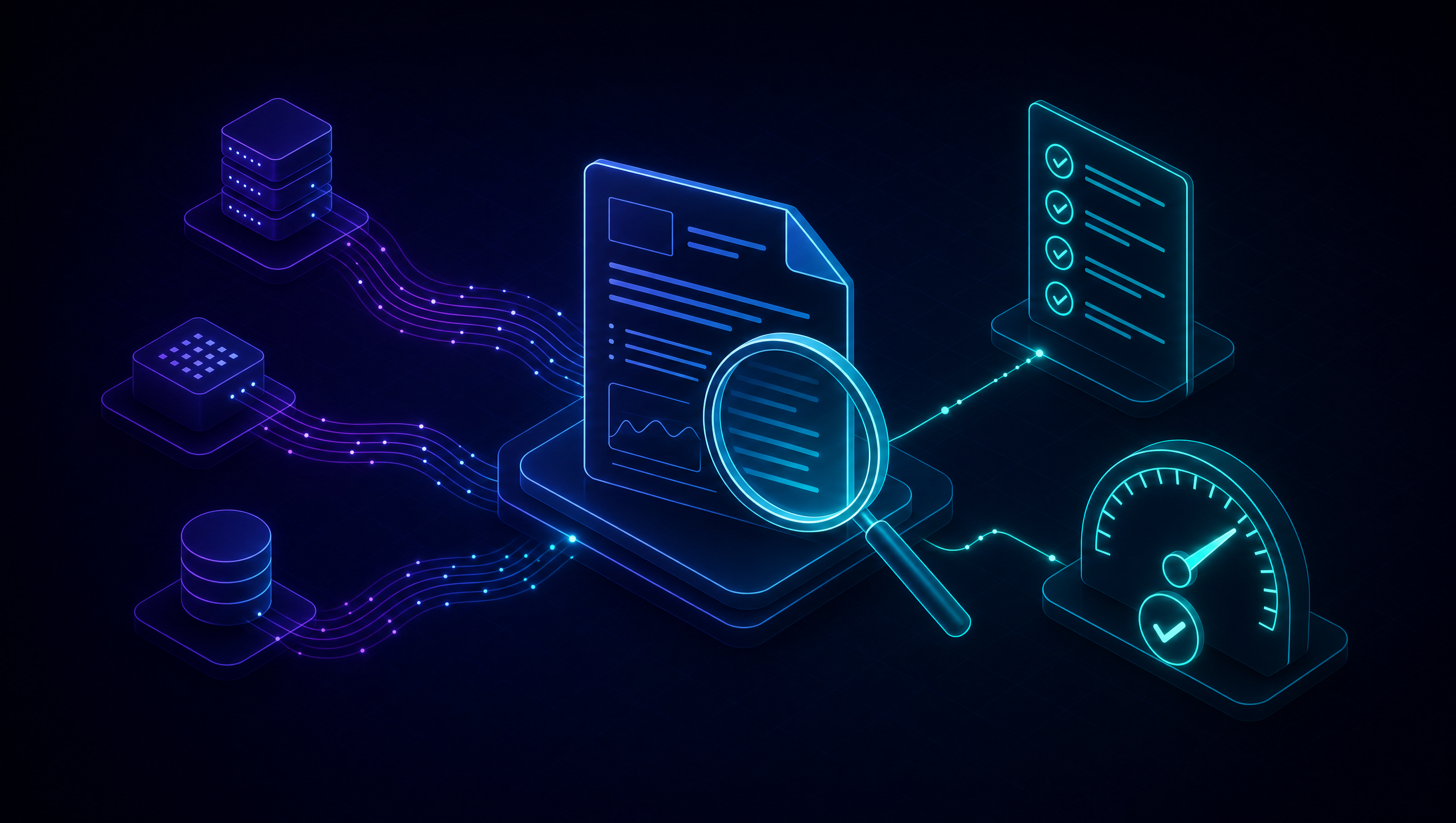 An AI output being checked against a glowing checklist and gauge — the verification layer
